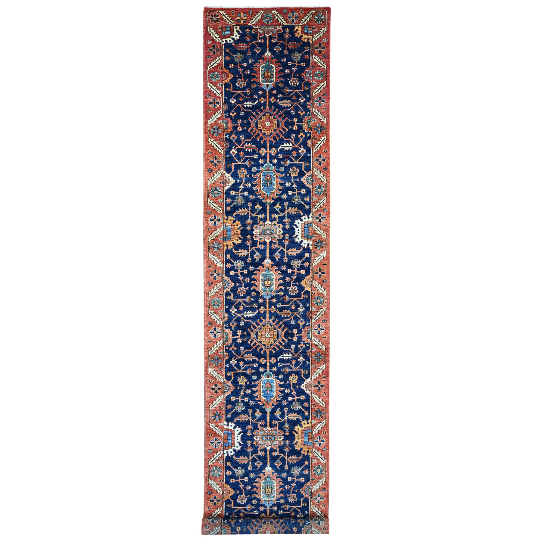 3'1"x19'6" Yale Blue, Heriz All Over Design, Aryana Collection, High Mountain Wool, Hand Knotted, Soft Pile, Densely Woven, Vegetable Dyes, XL Runner, Oriental Rug 
